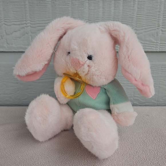 Vintage Pink Bunny with Pacifier Plush 12" Green Pink Heart Stuffed Rabbit Baby - Picture 1 of 9